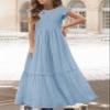 MITILLY Girls Lace Flower Ruffle Sleeve A-Line Swing Wedding Party Long Maxi Dress with Pockets 12-13 Years Light Blue view 2