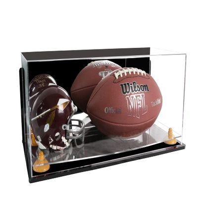 Better Display Cases Acrylic Display Case for Full Size Football and Mini Helmet - Large Rectangle Box with Mirror Case, Yellow Risers, Wall Mount and Clear Base 19.25" x 8.25" x 8" (B47/A103)
