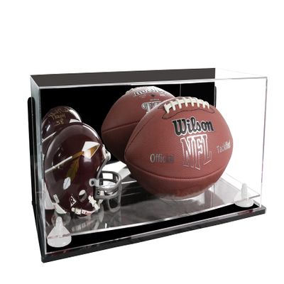 Better Display Cases Acrylic Display Case for Full Size Football and Mini Helmet - Large Rectangle Box with Mirror Case, White Risers, Wall Mount and Clear Base 19.25" x 8.25" x 8" (B47/A103)