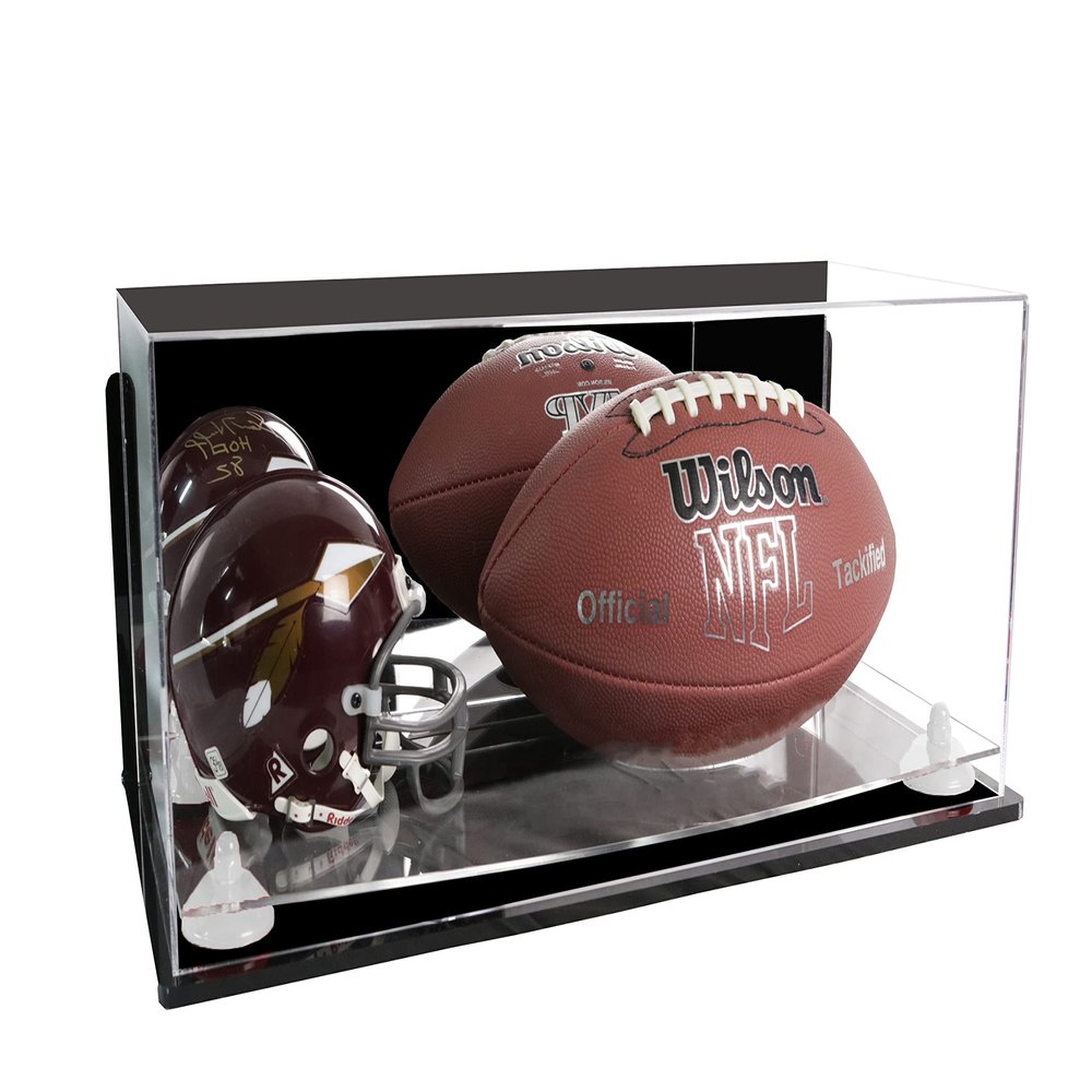 Better Display Cases Acrylic Display Case for Full Size Football and Mini Helmet - Large Rectangle Box with Mirror Case, White Risers, Wall Mount and Clear Base 19.25" x 8.25" x 8" (B47/A103)