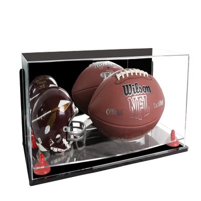 Better Display Cases Acrylic Display Case for Full Size Football and Mini Helmet - Large Rectangle Box with Mirror Case, Red Risers, Wall Mount and Clear Base 19.25" x 8.25" x 8" (B47/A103)