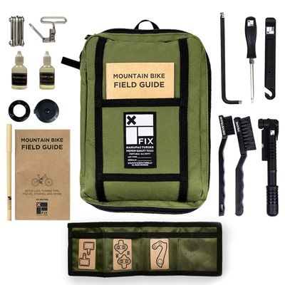 Fix Manufacturing Mountain Bike Repair Kit Portable | Featuring 16 Essential Tools | MTB Chain Breaker, Refillable Lube, Degreaser, Hex, Torx Wrenches, Tape Measure & More