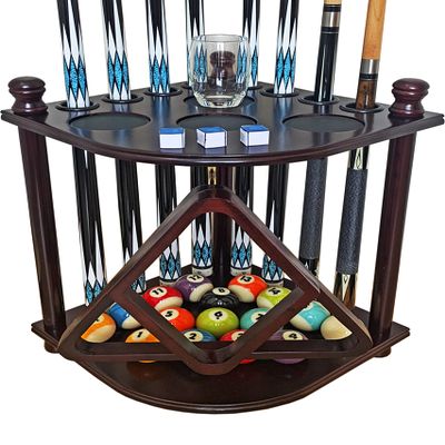 GACCO BILLIARDS Pool Cue Rack Hold up to 8 Sticks & Billiard Accessories. Floor Stand Pool Cue Stick Holder Made of 100% Solid Hardwood.(Traditional Mahogany)