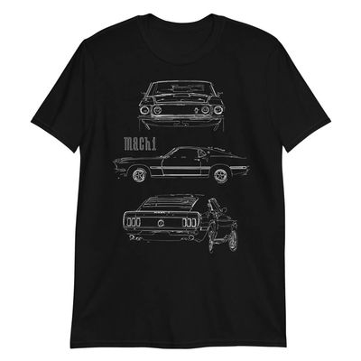 1969 Stang Mach 1 Fastback Collector Car Outline Art Short-Sleeve T-Shirt Black