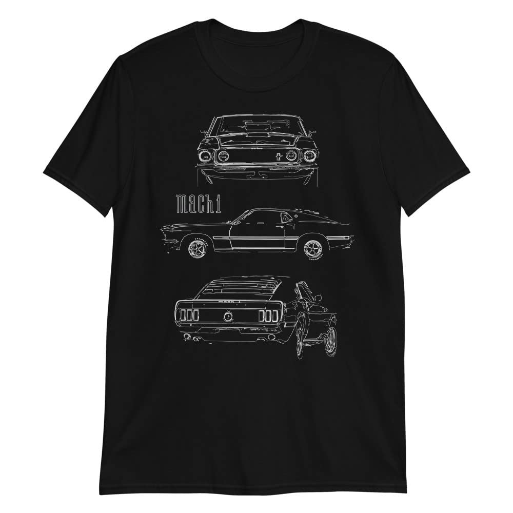 1969 Stang Mach 1 Fastback Collector Car Outline Art Short-Sleeve T-Shirt Black