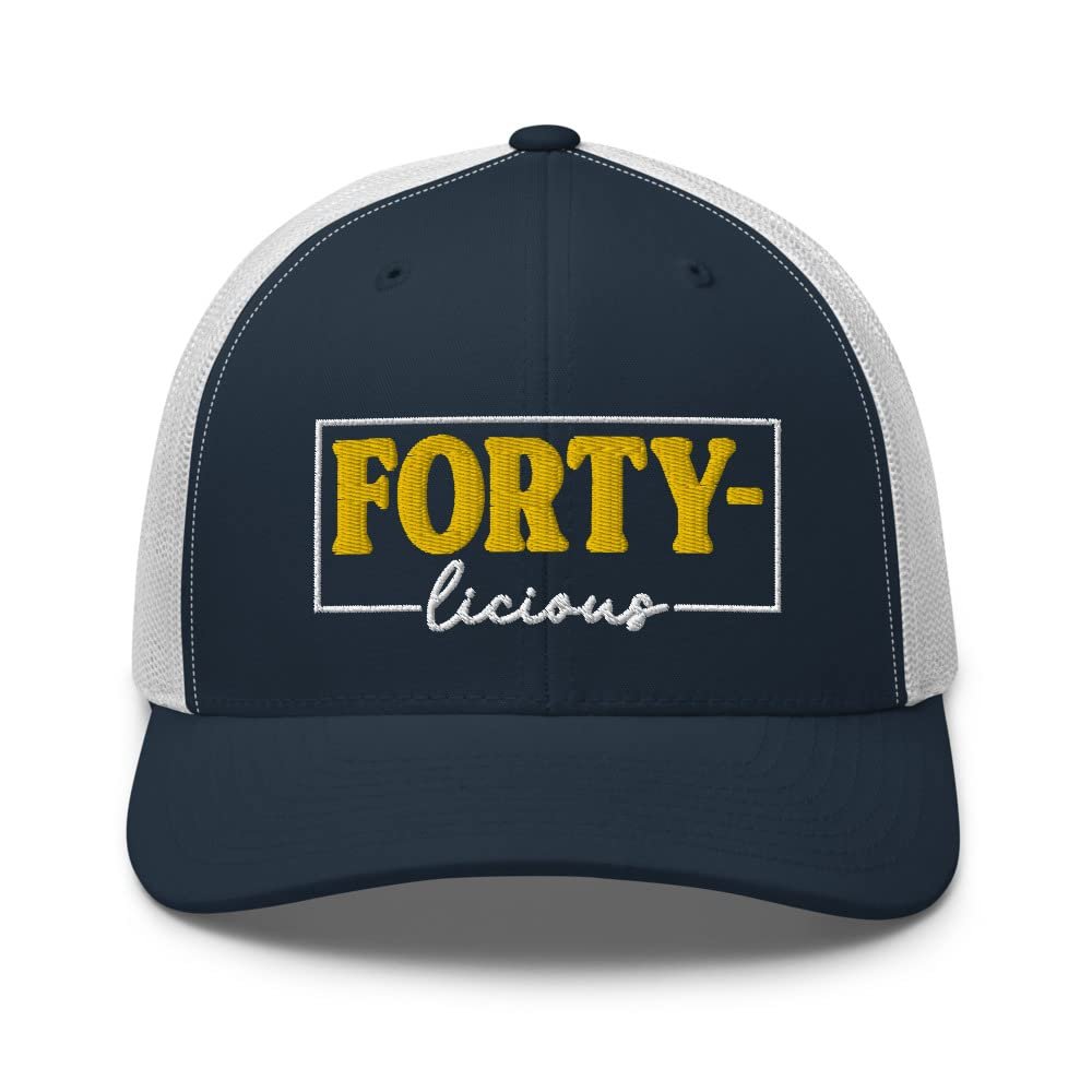 40th Birthday Embroidered Trucker Hat Cap, Forty Birthday Hat Gift, Forty-Licious Navy/White