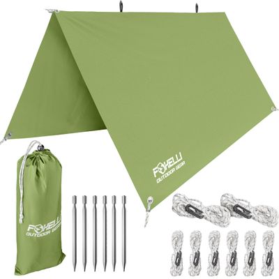 Foxelli Camping Tarp - 12x10ft Waterproof Rain Tarp, Lightweight Backpacking Rainfly Shelter with Included Extra Long Guy Lines & Stakes
