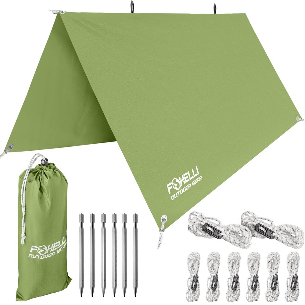 Foxelli Camping Tarp - 12x10ft Waterproof Rain Tarp, Lightweight Backpacking Rainfly Shelter with Included Extra Long Guy Lines & Stakes