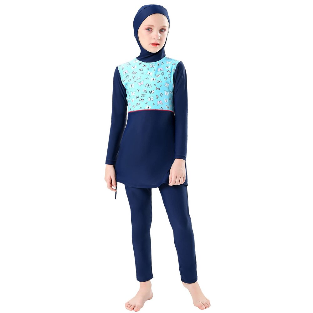 OBEEII Muslim Swimsuits for Girls Burkini Full Coverage Swimsuit Islamic Long Sleeve Hijab Bathing Suit Rash Guard Swimwear Blue 3-4 Years