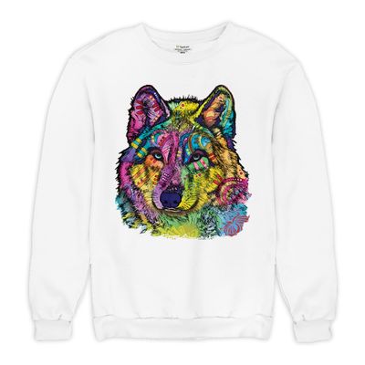 Tee Hunt Stare of the Wolf Sweatshirt Dean Russo Colorful Neon Animal Crewneck White Small