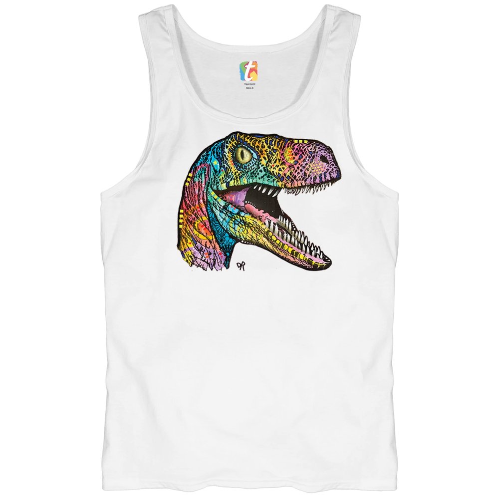 Tee Hunt Colorful Raptor Tank Top Dean Russo Neon Dinosaur Pattern Men's Top White Small