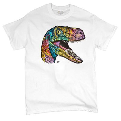 Colorful Raptor T-Shirt Dean Russo Neon Dinosaur Pattern Men's Tee White Small