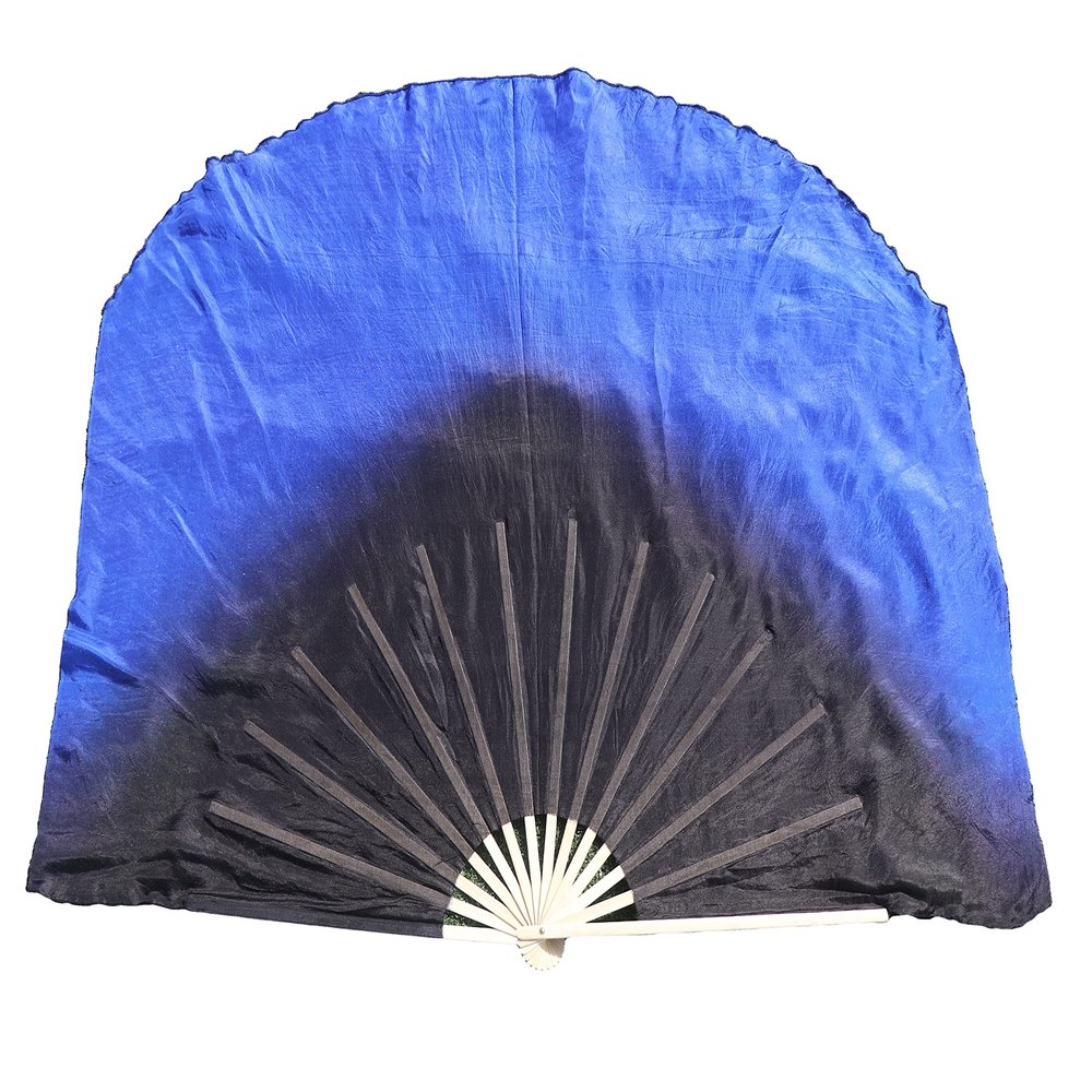 Winged Sirenny Pair Belly Dance Silk Flutter Fans 45"x41", Large Short Dancing fans for Events, Stage Performance, Theatre, & Flow arts, Carry Bag Included (black&blue)