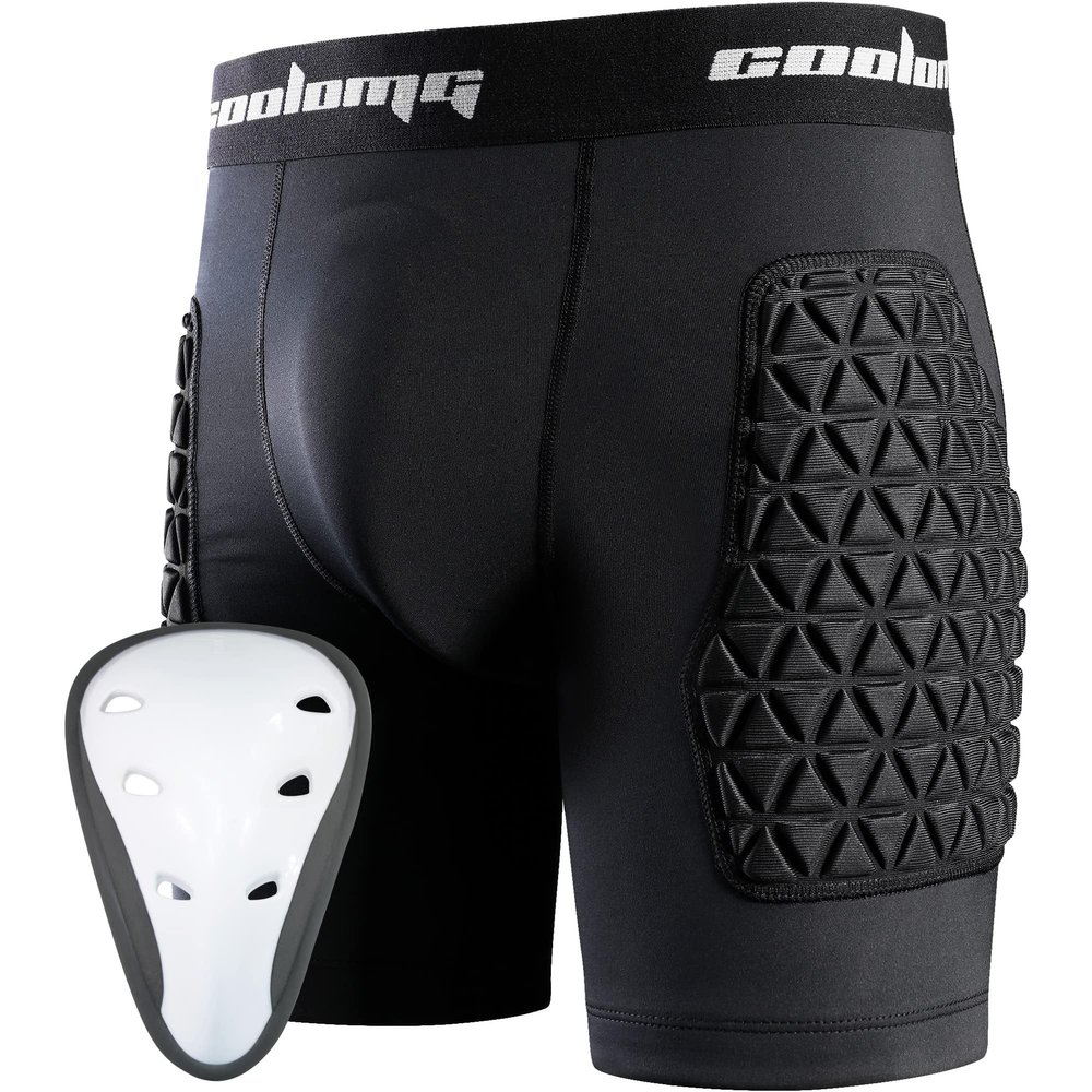 COOLOMG Youth Padded Sliding Shorts with Protective Cup Boys Baseball Compression Shorts Football Lacrosse Slider Black M