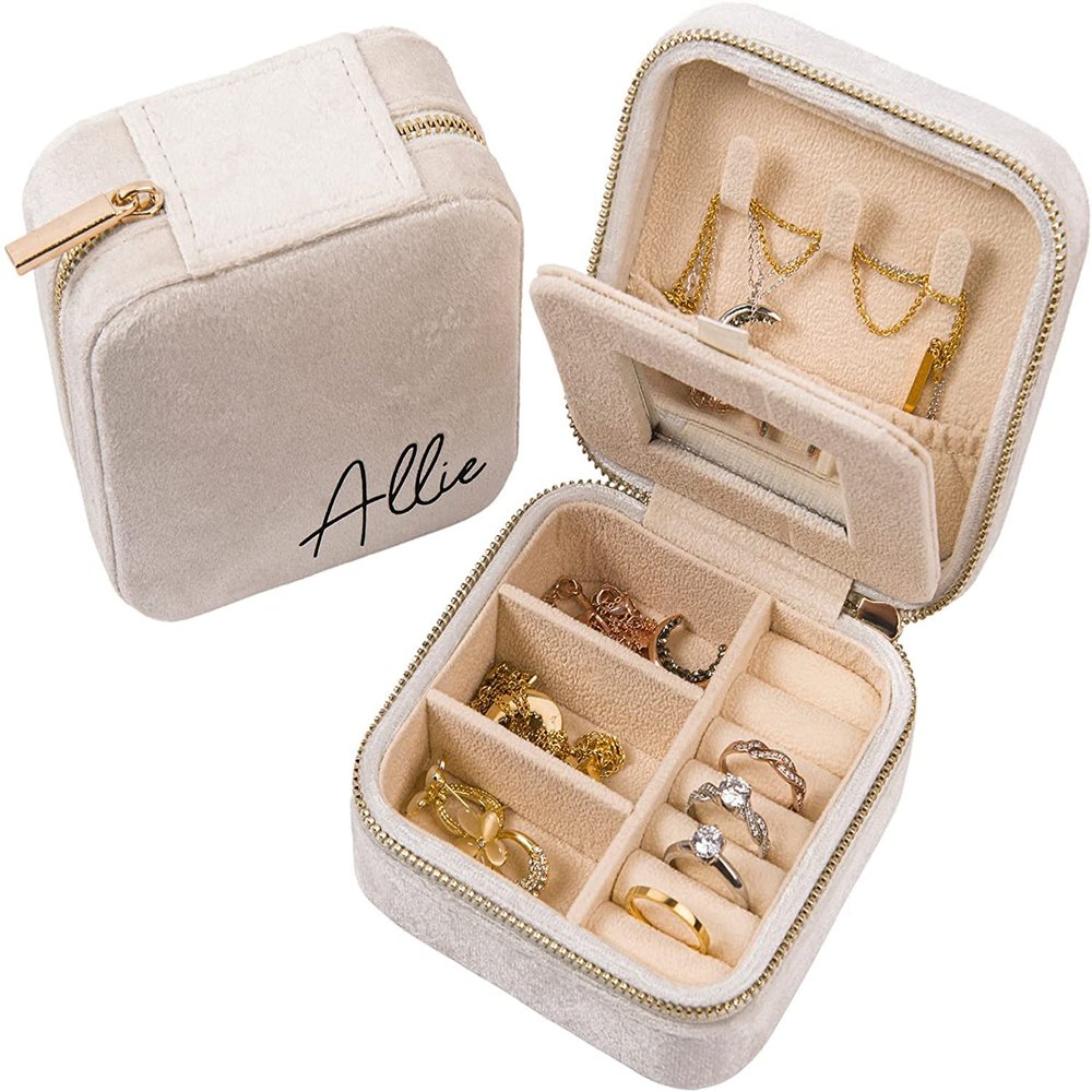 Personalized Velet Jewelry Box, Mini Bridesmaid Proposal Gift Box with Mirror, Custom Jewlery Oragnizer Portable Travel Jewelry Case Bachelorette Party Favors (Champagne)