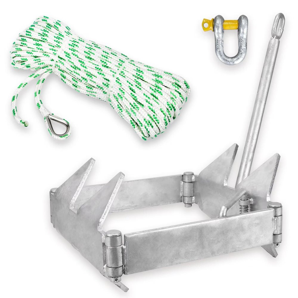 MARINE SYSTEM Galvanized Boat Folding Square Anchor Kit with 3/8 inch x 100/150 FT Rope and Shackle 13lb, 19lb, or 25 lb (13 LB)