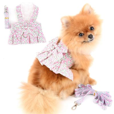 PAIDEFUL Floral Dog Harness Dress for Small Medium Dogs Female Girls Tutu Skirt Mesh Breathable Pet Clothes with Leash 1.6m Cats Apparel Puppy Chihuahua Yorkie Clothing Spring Summer Wearing Pink M