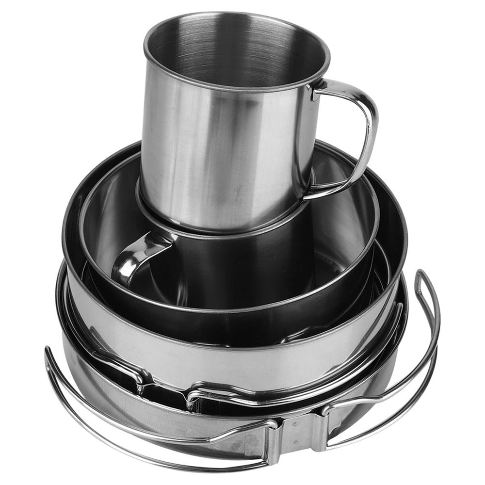 Camping Cookware Set, 8 PCS Compact Stainless Steel Cooking Mess Kit Includes Camping Pots Pans Cups Plates with Storage Bag for BBQ Hiking Picnic