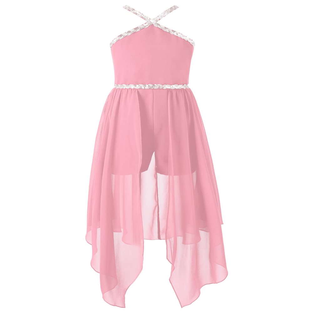 RUNQHUI Big Girls Off Shoulder Sequin Romper Dress Dance Party Pageant Chiffon Wedding Birthday Maxi Gown Pink 8 Years