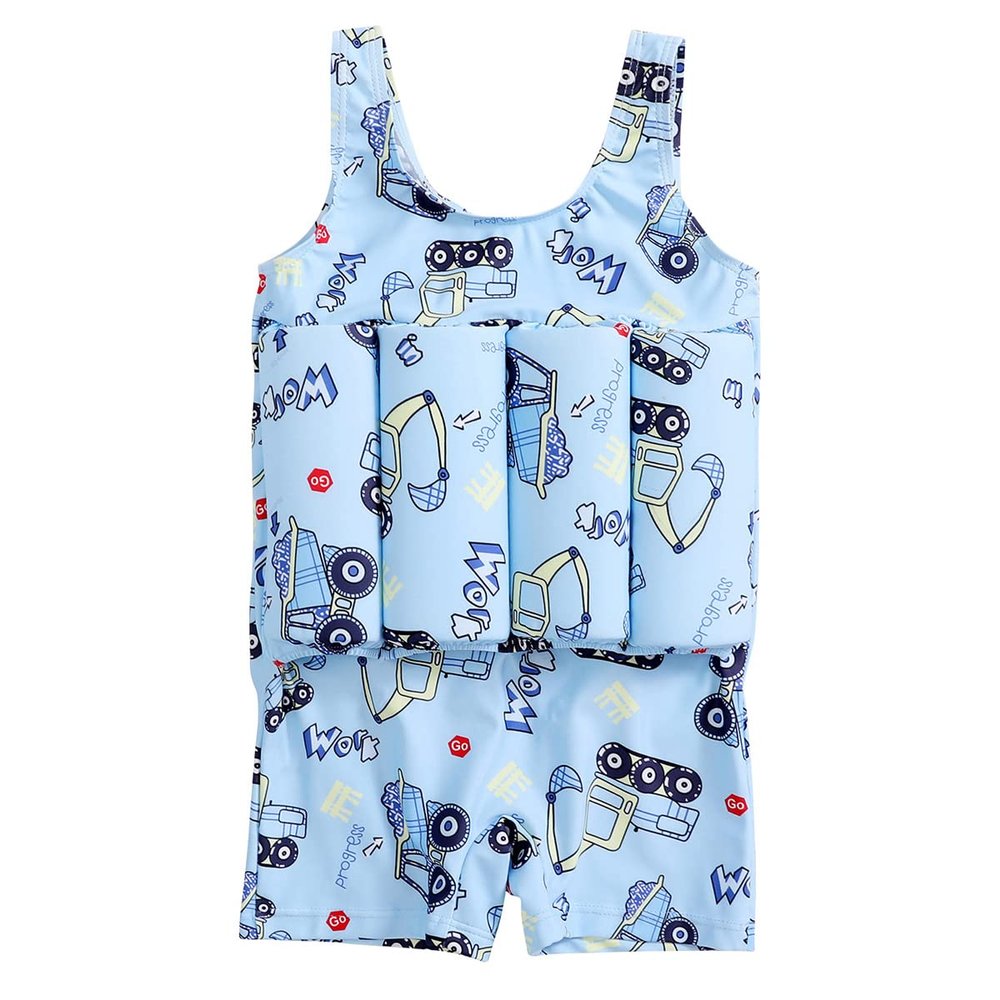 AWIBMK Kids Boys Girls One-Piece Sleeveless Floatation Swimsuit Float Suit Baby Lovely Print with Adjustable Vest Buoyancy Bathing Suit Swimwear Swim Blue Excavator 18-24 Months