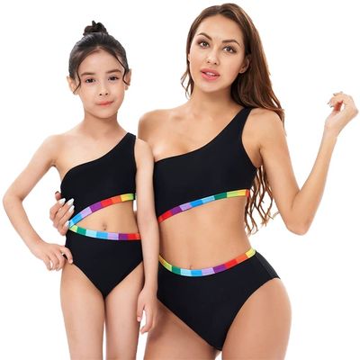 Mother and Daughter One Shoulder Bathing Suits Family Matching Rainbow Swimwear Kids Toddler Cut Out One Piece Swimsuit Ruffle Women Tummy Control Swimwear Beachwear Black Striped 9-10 Years