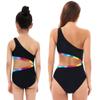 Mother and Daughter One Shoulder Bathing Suits Family Matching Rainbow Swimwear Kids Toddler Cut Out One Piece Swimsuit Ruffle Women Tummy Control Swimwear Beachwear Black Striped 9-10 Years view 2