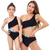 Mother and Daughter One Shoulder Bathing Suits Family Matching Rainbow Swimwear Kids Toddler Cut Out One Piece Swimsuit Ruffle Women Tummy Control Swimwear Beachwear Black Striped 9-10 Years view 3