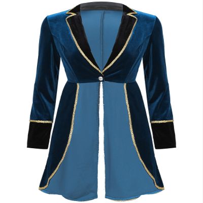 Jhaoyu Womens Velvet Victorian Steampunk Tailcoat Gold Braided Trimmings Long Sleeve Swallow-Tailed Coat Blue 3X-Large