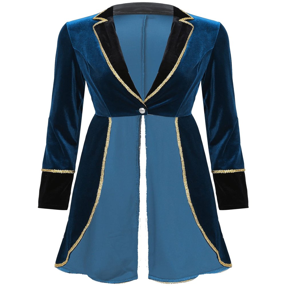 Jhaoyu Womens Velvet Victorian Steampunk Tailcoat Gold Braided Trimmings Long Sleeve Swallow-Tailed Coat Blue 3X-Large