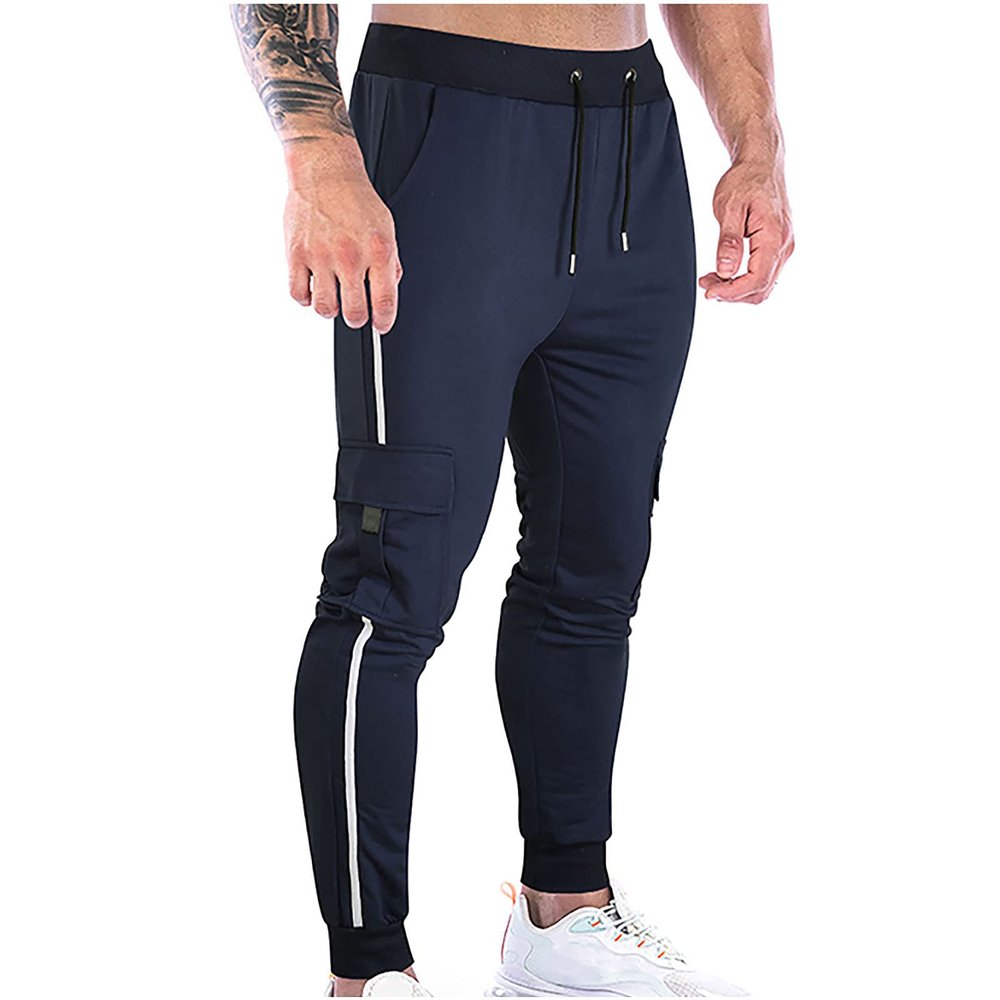 Ctreela Gym Joggers for Men's Workout Track Pants with Pockets Sweatpants Side Stripe Tapered Pants Training Running Navy