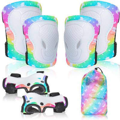 Knee Pads for Kids Adjustable Protective Gear Set with Mesh Bag Knee Pads and Elbow Pads Wrist Guard for Girls Kids Roller Skates Cycling Skateboard Scooter, 3-8 Years (Rainbow Unicorn)