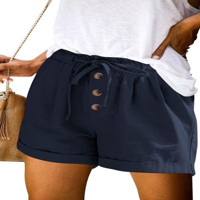 ANFTFH Womens Summer Beach Casual Solid Elastic Waist Loose Comfy Cotton Linen Shorts with Pocket Navy Blue S