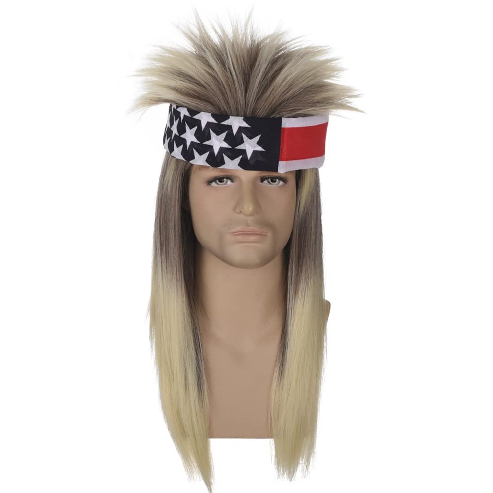 ATAYOU Blonde Mullet Wig with Headband, 80s Long Blonde Ombre Punk Heavy Metal Retro Rocker Disco Fun Wig