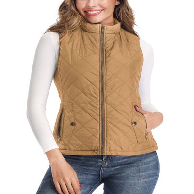 LONGKING Camel Women's Vest, Stand Collar Lightweight Zip Quilted Vest for Women M