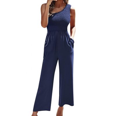One Shoulder Jumpsuits for Women Elegant Wide Leg Smocked High Waist Pants Rompers Pockets Floral Summer Sleeveless Romper