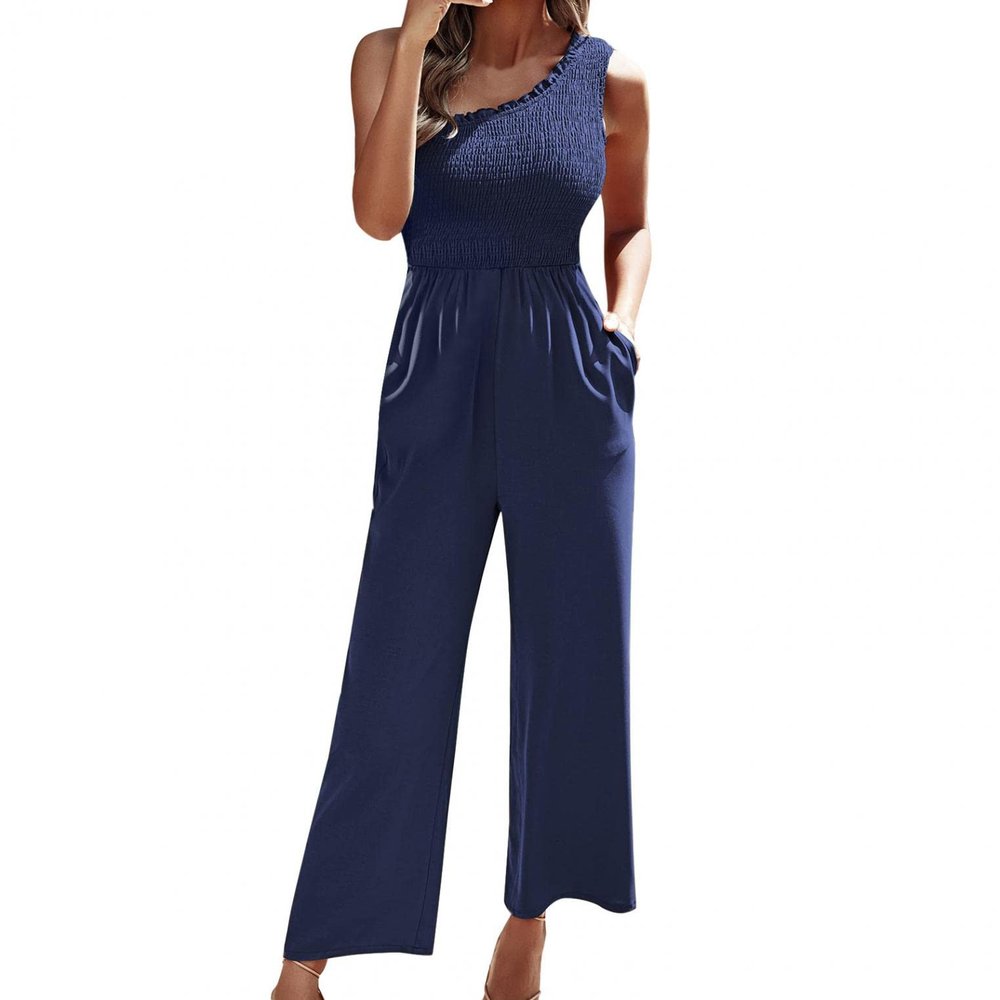 One Shoulder Jumpsuits for Women Elegant Wide Leg Smocked High Waist Pants Rompers Pockets Floral Summer Sleeveless Romper
