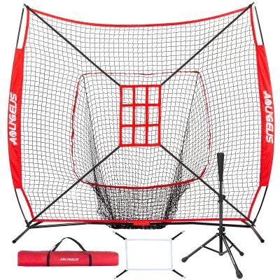 AOLIGEIJS 7'x7' Baseball Softball Pitching & Batting Net, with Tee, Bonus Strike Zone & Black Bow Frame, for Hitting, Pitching & Catching