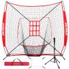 AOLIGEIJS 7'x7' Baseball Softball Pitching & Batting Net, with Tee, Bonus Strike Zone & Black Bow Frame, for Hitting, Pitching & Catching view 1
