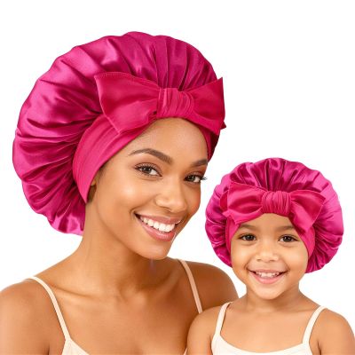 BONNET QUEEN Silk Bonnet Mommy and Me Bonnet Set Hair Bonnets Satin Cap with Tie Band Silk Hair Wrap for Sleeping Night Caps Hot Pink 2Pcs