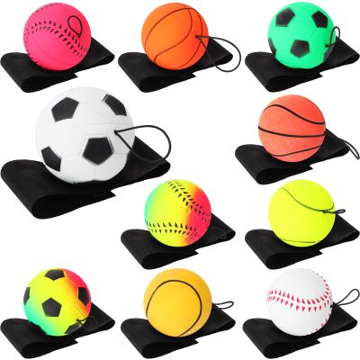 Skylety 10 Pieces Wrist Return Ball Wrist Band Ball on a String 2.48 Inch Rubber Rebound Sport Bouncy Basketball Baseball Soccer Wristband Toy for Exercise and Children or Adult Exercise for Fun