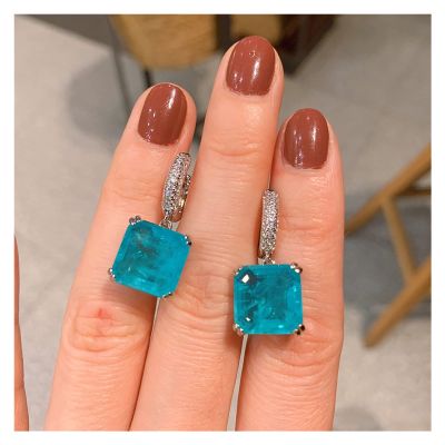 djkyu Vintage 925 Sterling Silver 12 * 12 Paraiba Tourmaline Emerald Gemstone Drop Clip Earrings for Women Cocktail Party Fine Jewelry (Gem Color : Blue)