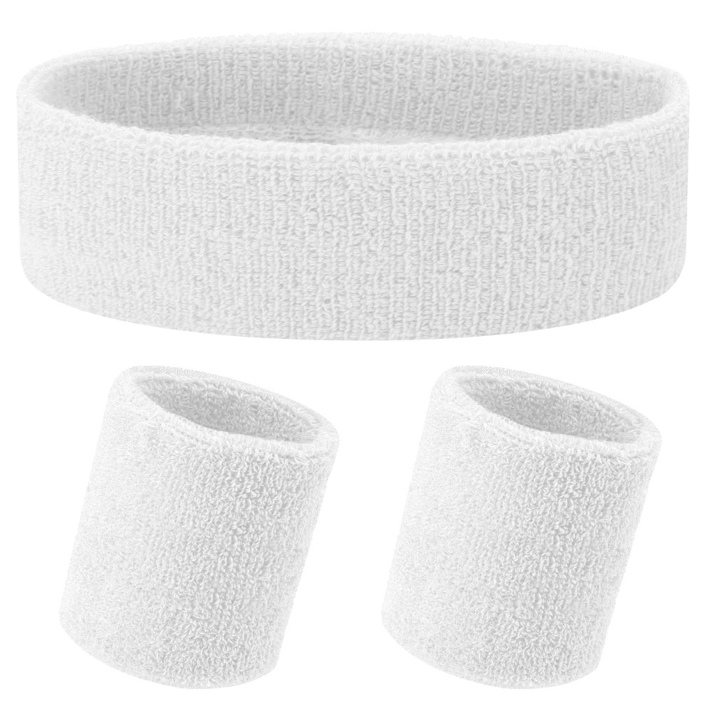 Yolev Sports Headband Wristband Set Sweatbands (White, 8 centimeters) - 3Pieces Set Includes 1 Headband and 2 Wristbands - Powerful Sweat Absorption for Athletic Men and Women