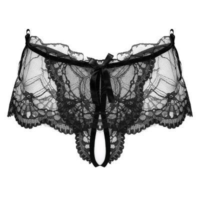 Jhaoyu Men's Sissy Lingerie See-Through Lace Skirted Panties Bowknot Frilly Ruffled Crossdresser Underwear Black X-Large