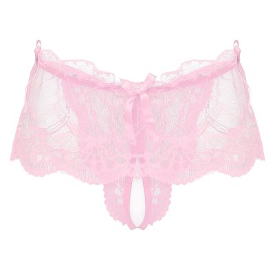Jhaoyu Men's Sissy Lingerie See-Through Lace Skirted Panties Bowknot Frilly Ruffled Crossdresser Underwear Pink 3X-Large