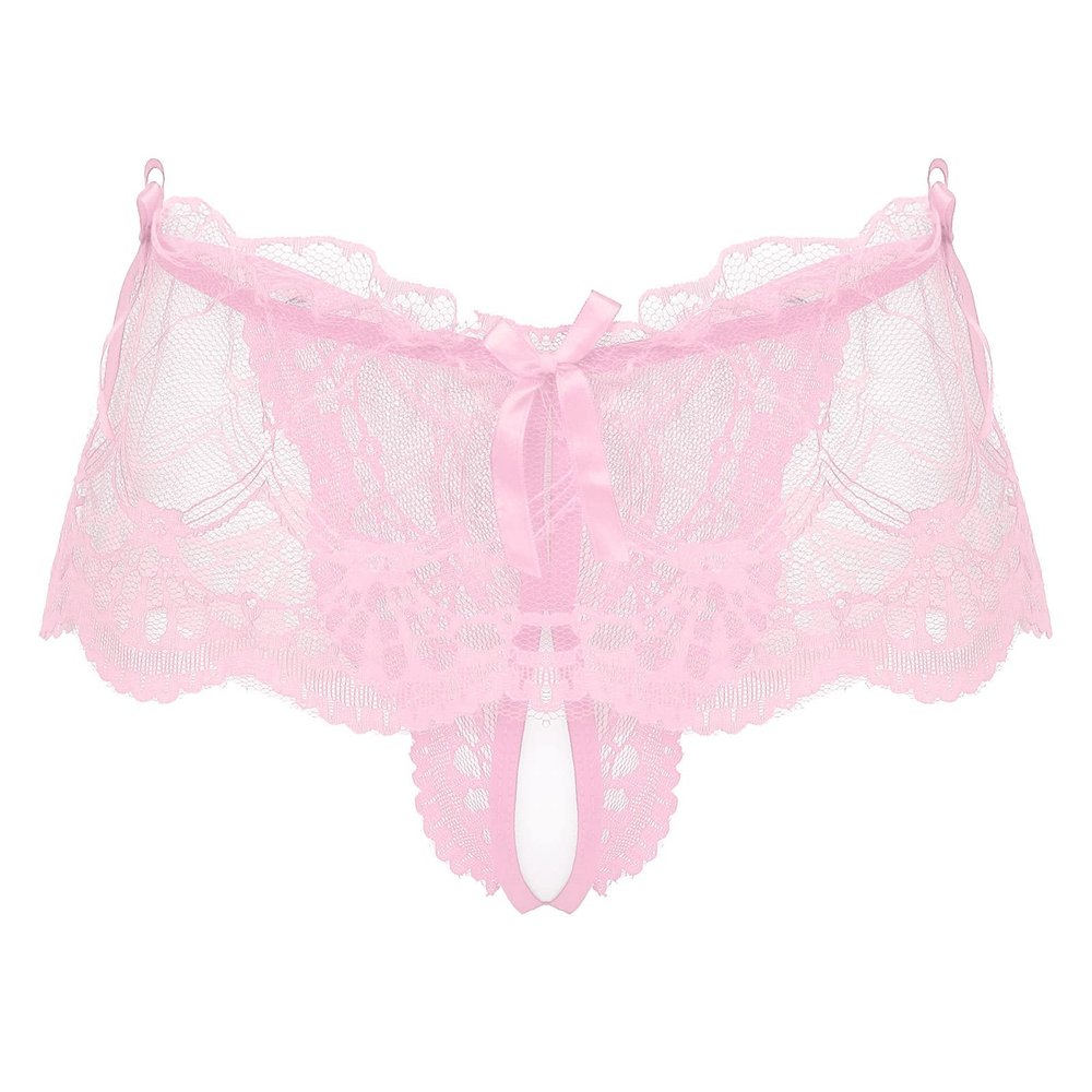 Jhaoyu Men's Sissy Lingerie See-Through Lace Skirted Panties Bowknot Frilly Ruffled Crossdresser Underwear Pink 3X-Large