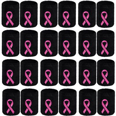 24 Pieces Breast Cancer Awareness Wristbands Pink Ribbon Sweatbands Sports Wrist Bands for Tennis Football Basketball Running Athletic (Black)