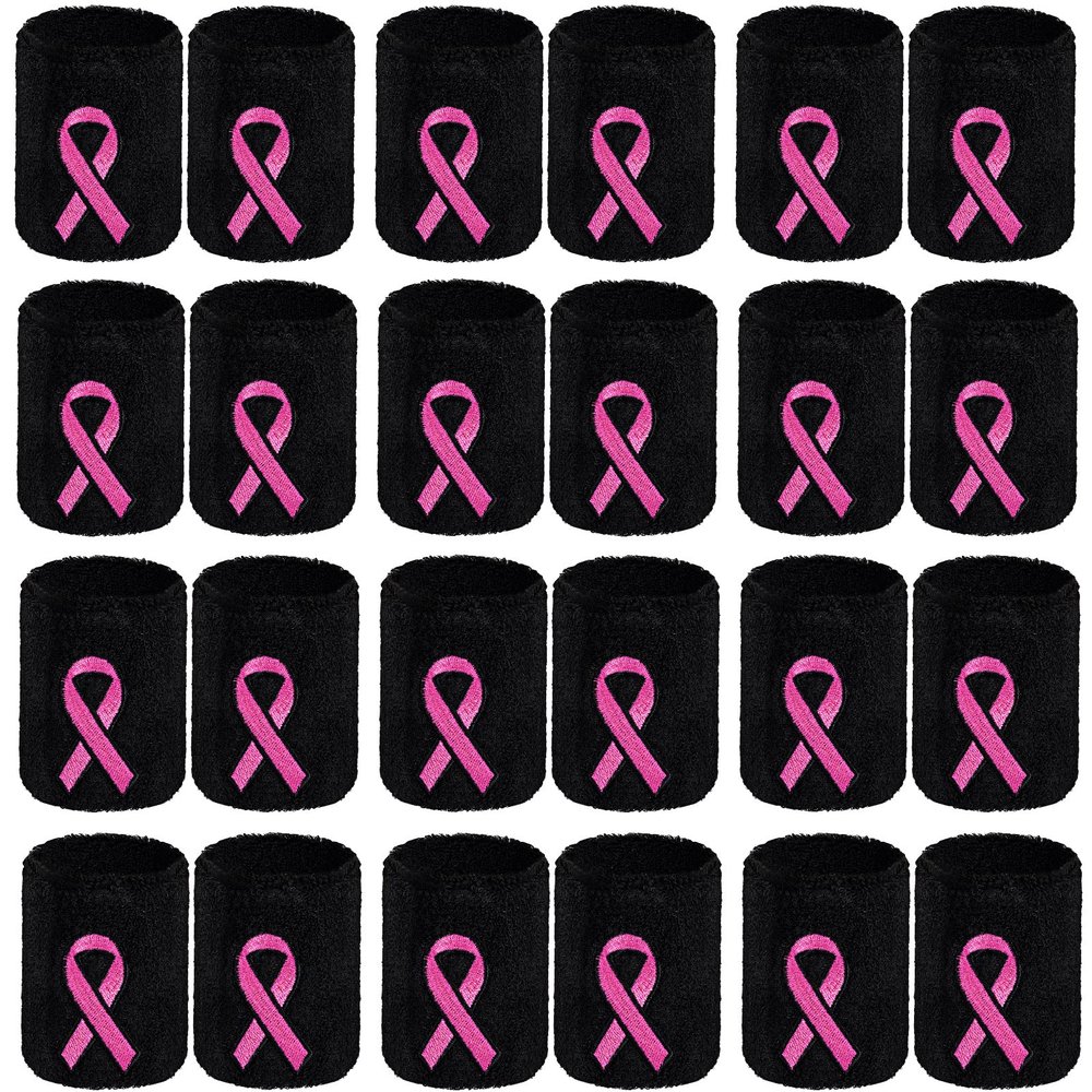 24 Pieces Breast Cancer Awareness Wristbands Pink Ribbon Sweatbands Sports Wrist Bands for Tennis Football Basketball Running Athletic (Black)
