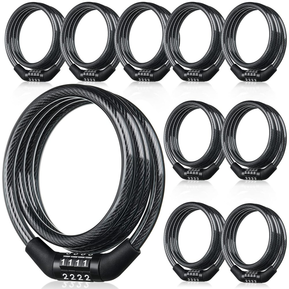 Hotop 10 Pcs Bike Lock Cable with Combination, 4 Feet Coiled Preset Bike Lock High Security 4 Digit Bicycle Locks Anti Theft Bikes Accessories Black Bicycle Cable Locks, 5/6 Inch Diameter