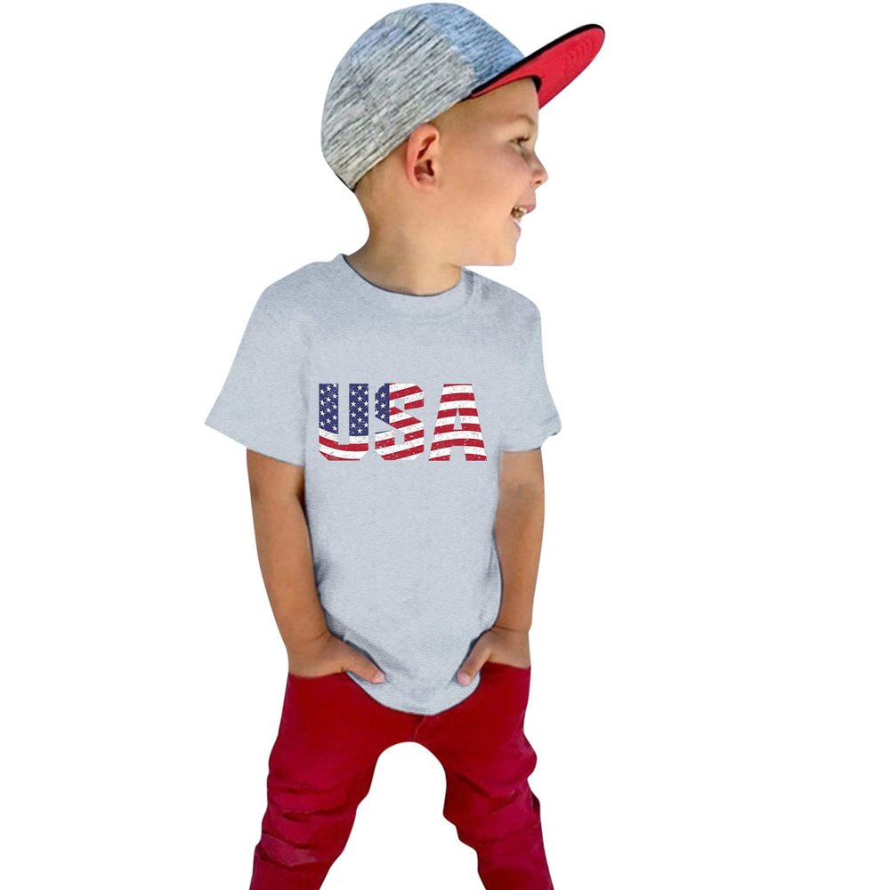 Boys Girls Short Sleeve T Shirt Kids Summer American Flag Tops Independence Day Patriotic Tee Shirts Blouse(Gray,4-5 Years)