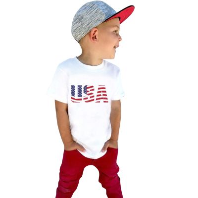 Boys Girls Short Sleeve T Shirt Kids Summer American Flag Tops Independence Day Patriotic Tee Shirts Blouse(White,3-4 Years)